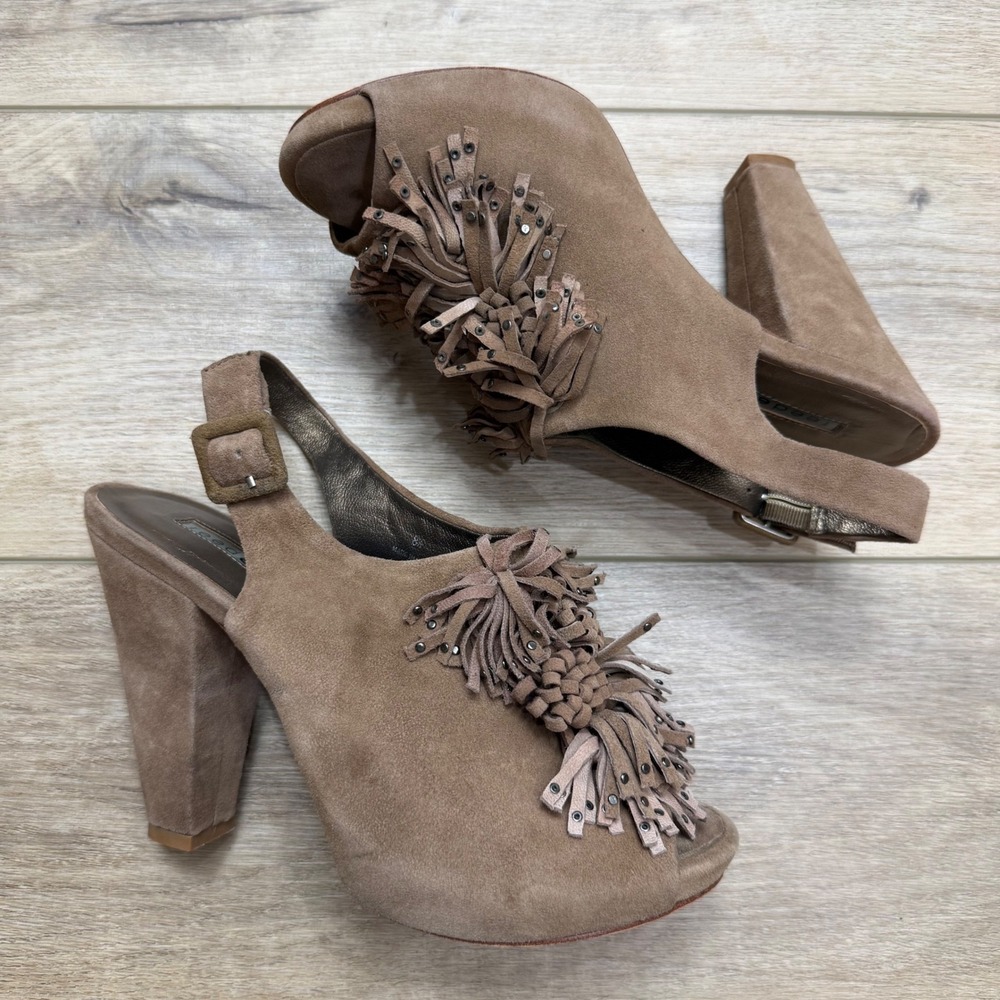 Reed Evins Suede Studded Fringe Slingback PeepToe Heels Boho Coastal Cowgirl 8.5 - Picture 2 of 11